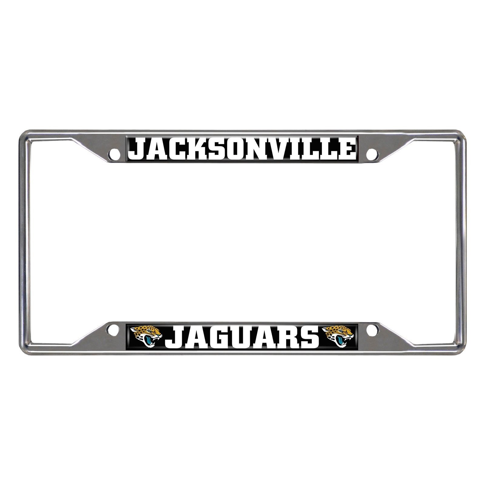 NFL Car License Plate Frame featuring chrome metal with vibrant team logo and name, designed to fit standard license plates.