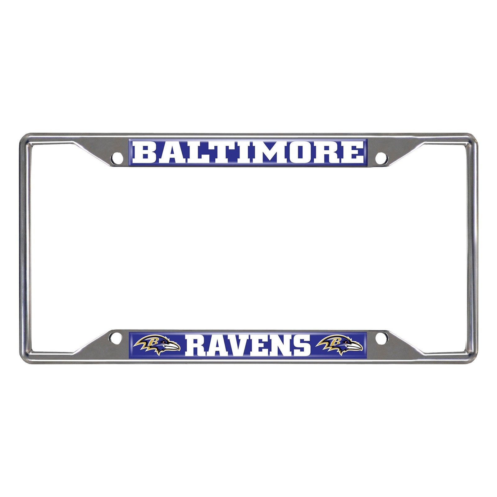 NFL Car License Plate Frame featuring chrome metal with vibrant team logo and name, designed to fit standard license plates.