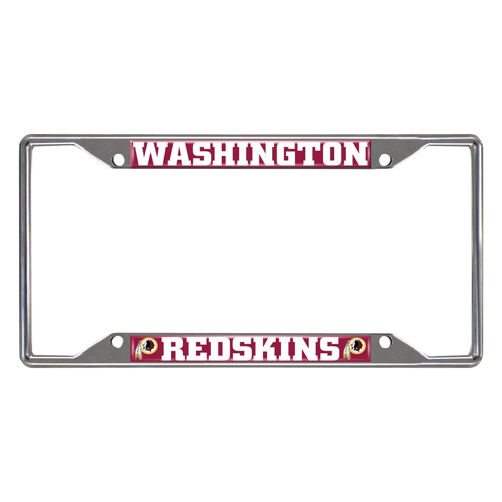 NFL Car License Plate Frame featuring chrome metal with vibrant team logo and name, designed to fit standard license plates.