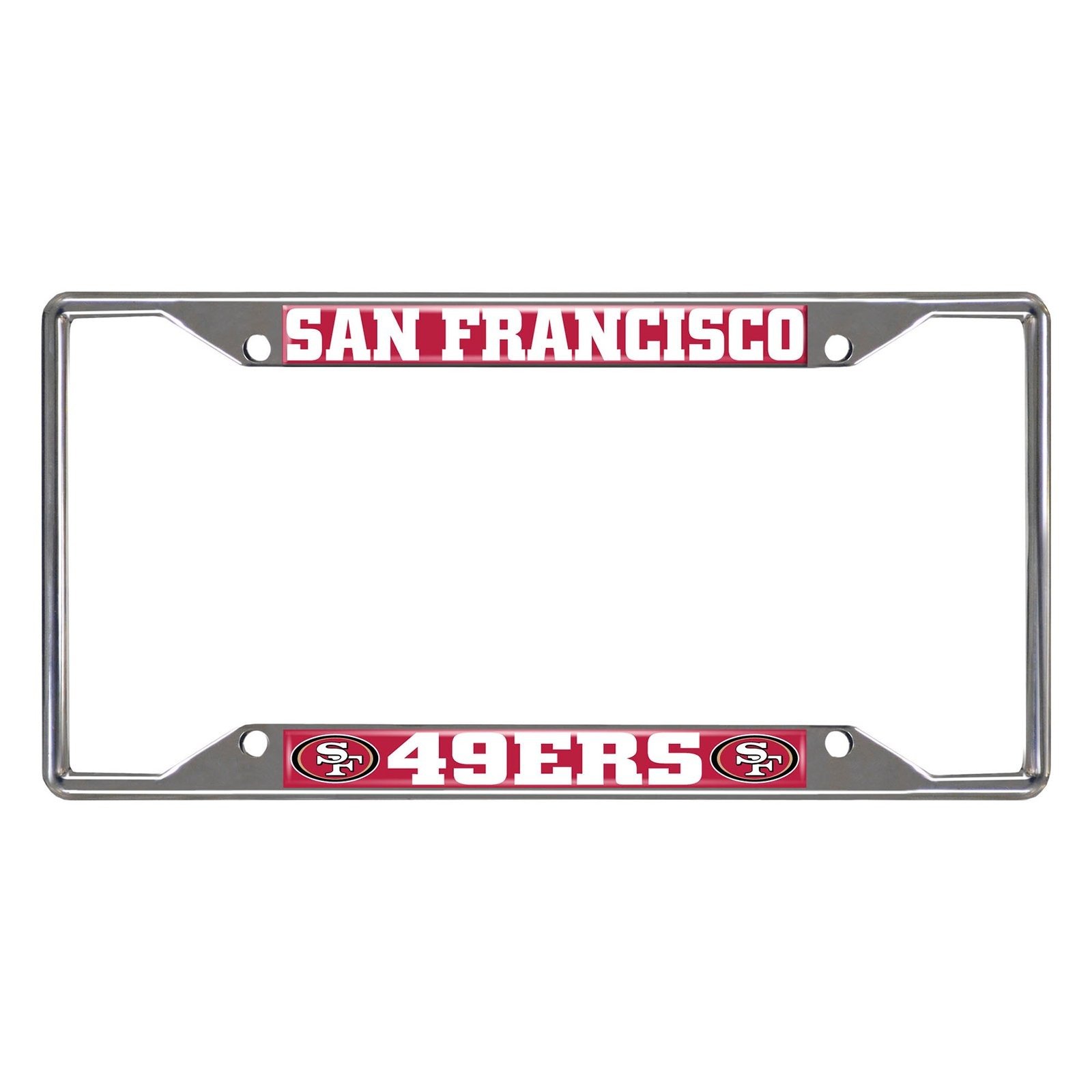 NFL Car License Plate Frame featuring chrome metal with vibrant team logo and name, designed to fit standard license plates.