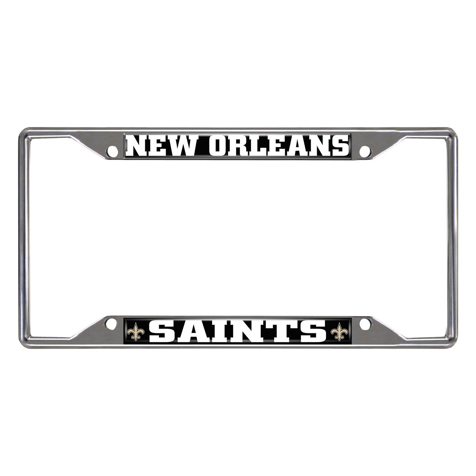 NFL Car License Plate Frame featuring chrome metal with vibrant team logo and name, designed to fit standard license plates.