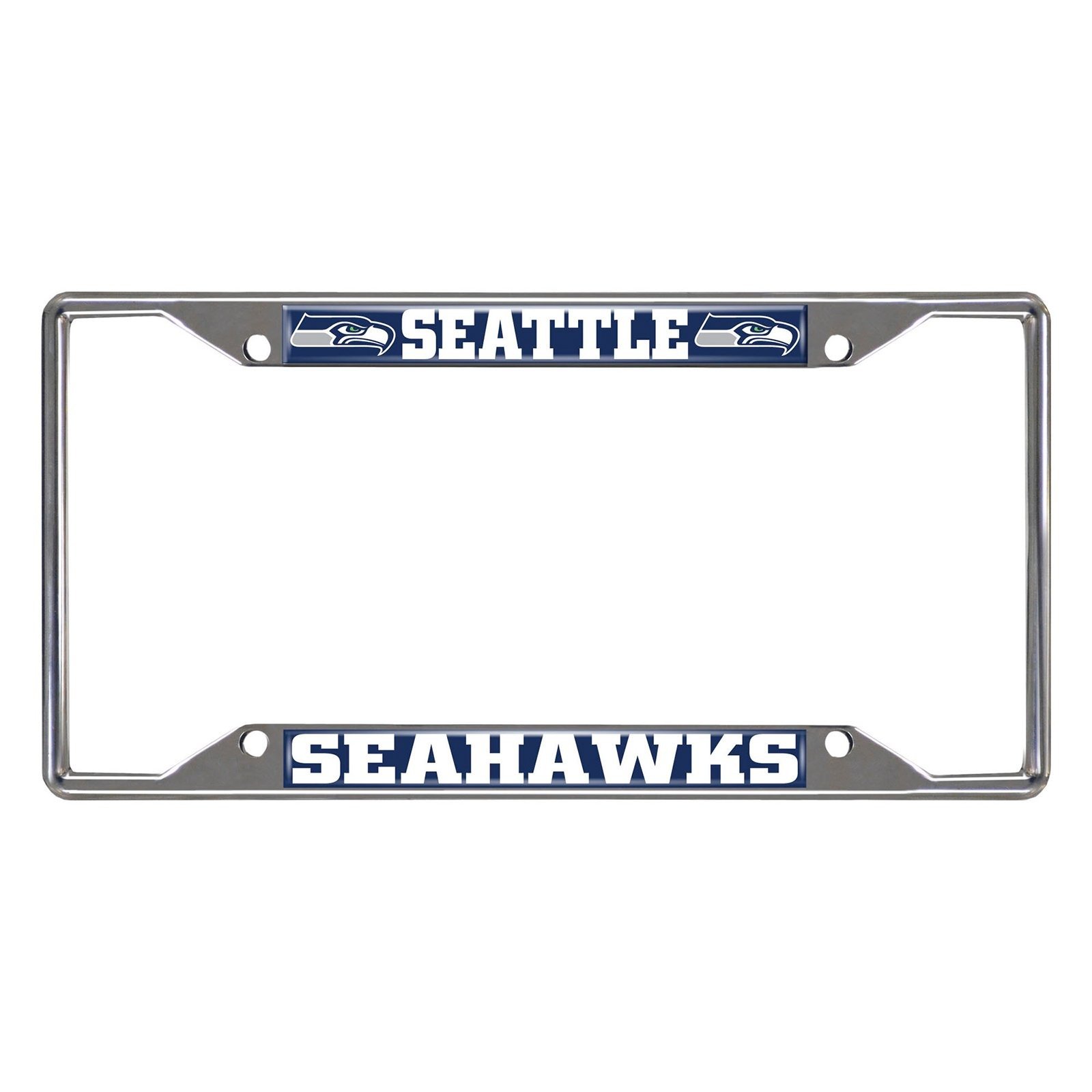 NFL Car License Plate Frame featuring chrome metal with vibrant team logo and name, designed to fit standard license plates.