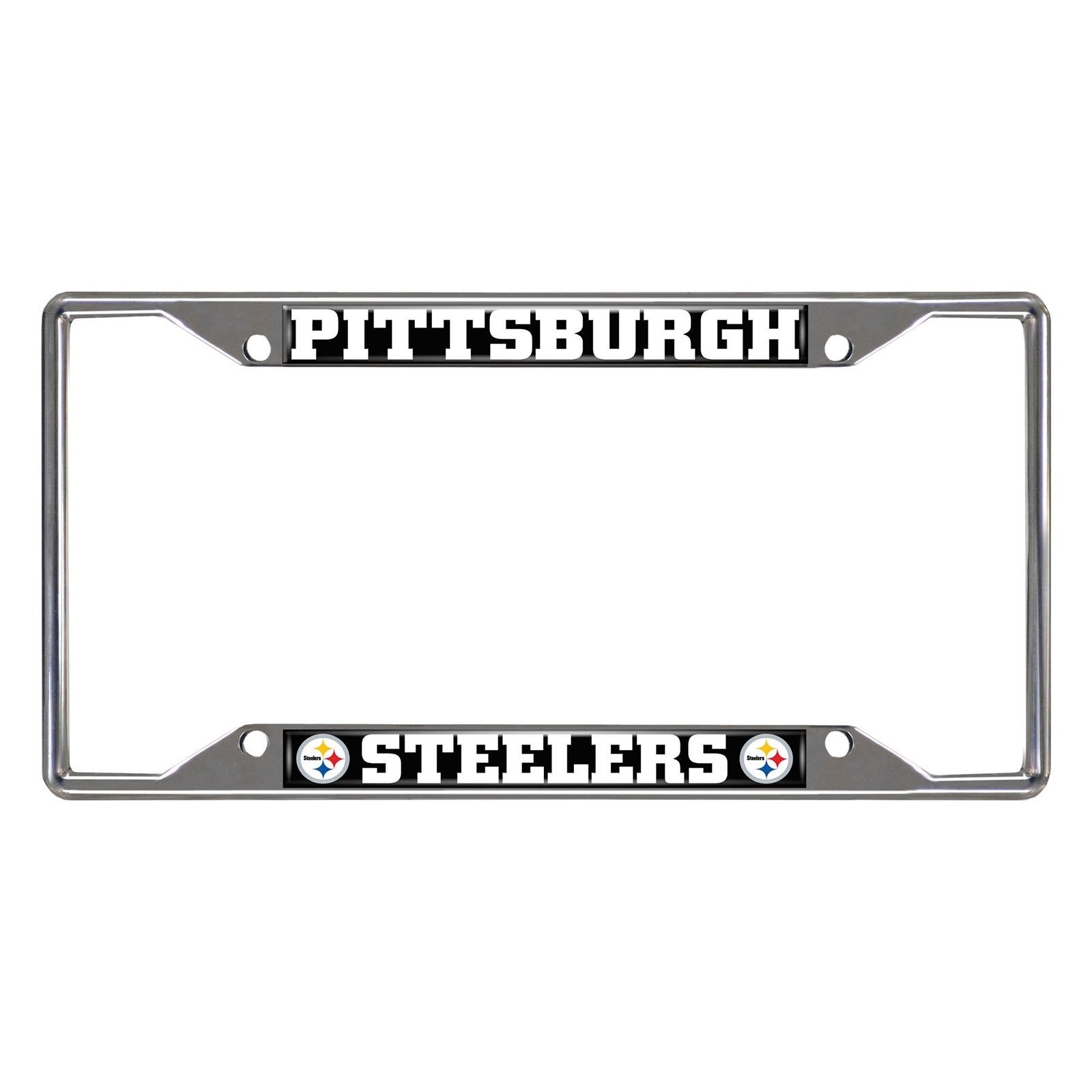 NFL Car License Plate Frame featuring chrome metal with vibrant team logo and name, designed to fit standard license plates.