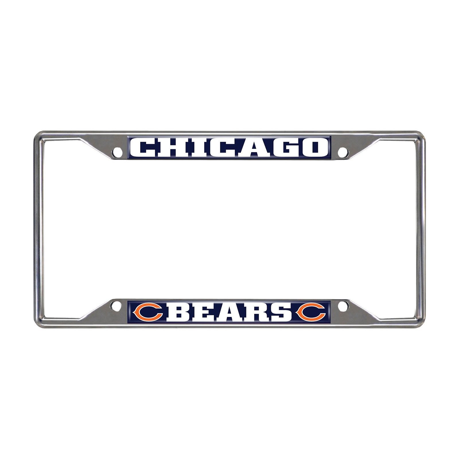 NFL Car License Plate Frame featuring chrome metal with vibrant team logo and name, designed to fit standard license plates.