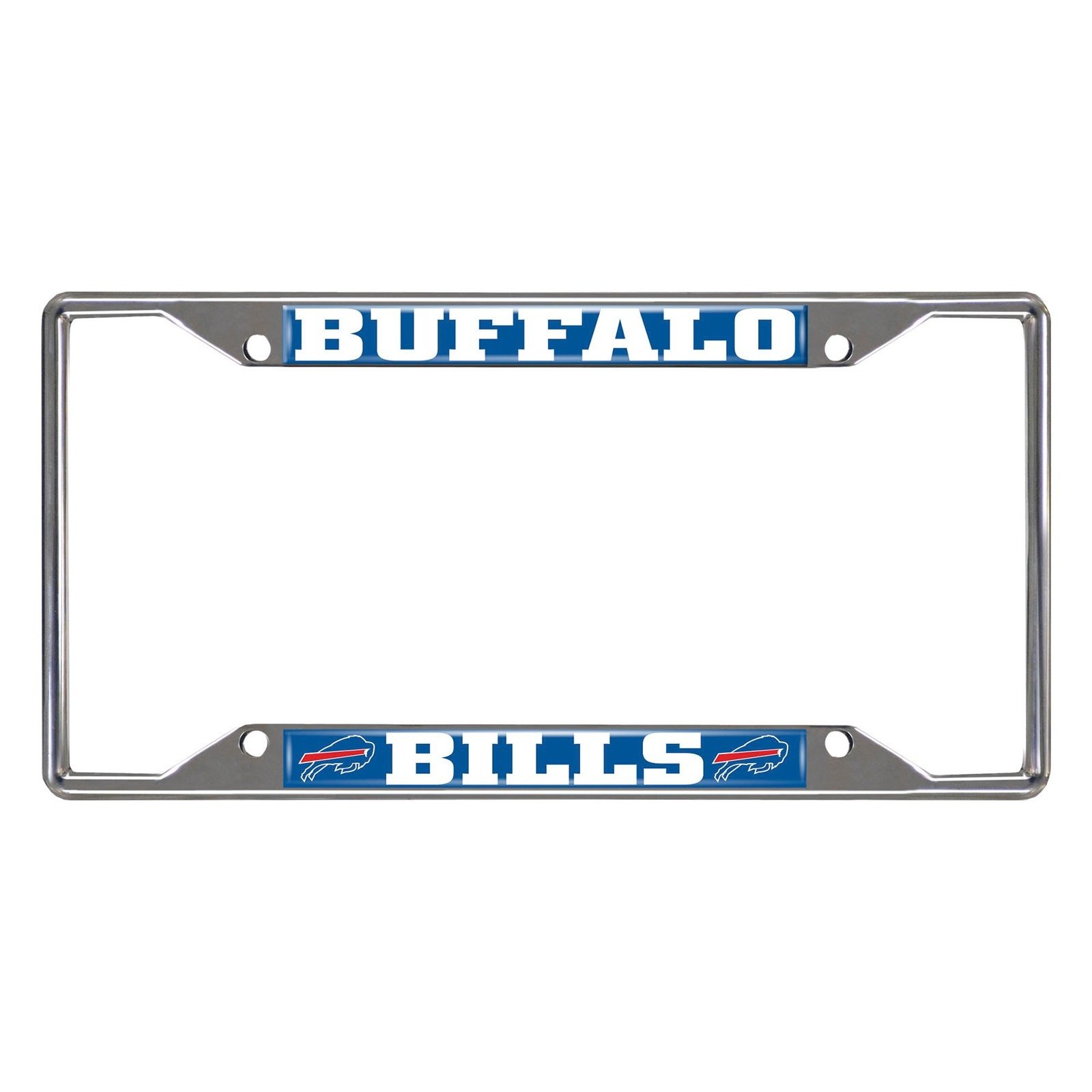 NFL Car License Plate Frame featuring chrome metal with vibrant team logo and name, designed to fit standard license plates.