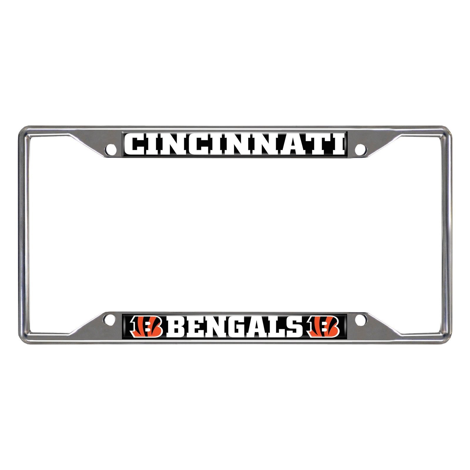 NFL Car License Plate Frame featuring chrome metal with vibrant team logo and name, designed to fit standard license plates.