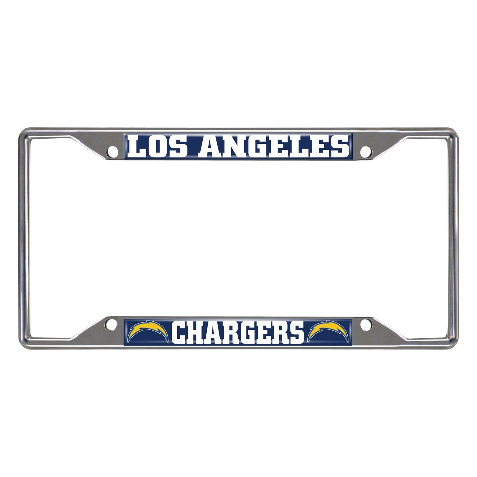 NFL Car License Plate Frame featuring chrome metal with vibrant team logo and name, designed to fit standard license plates.