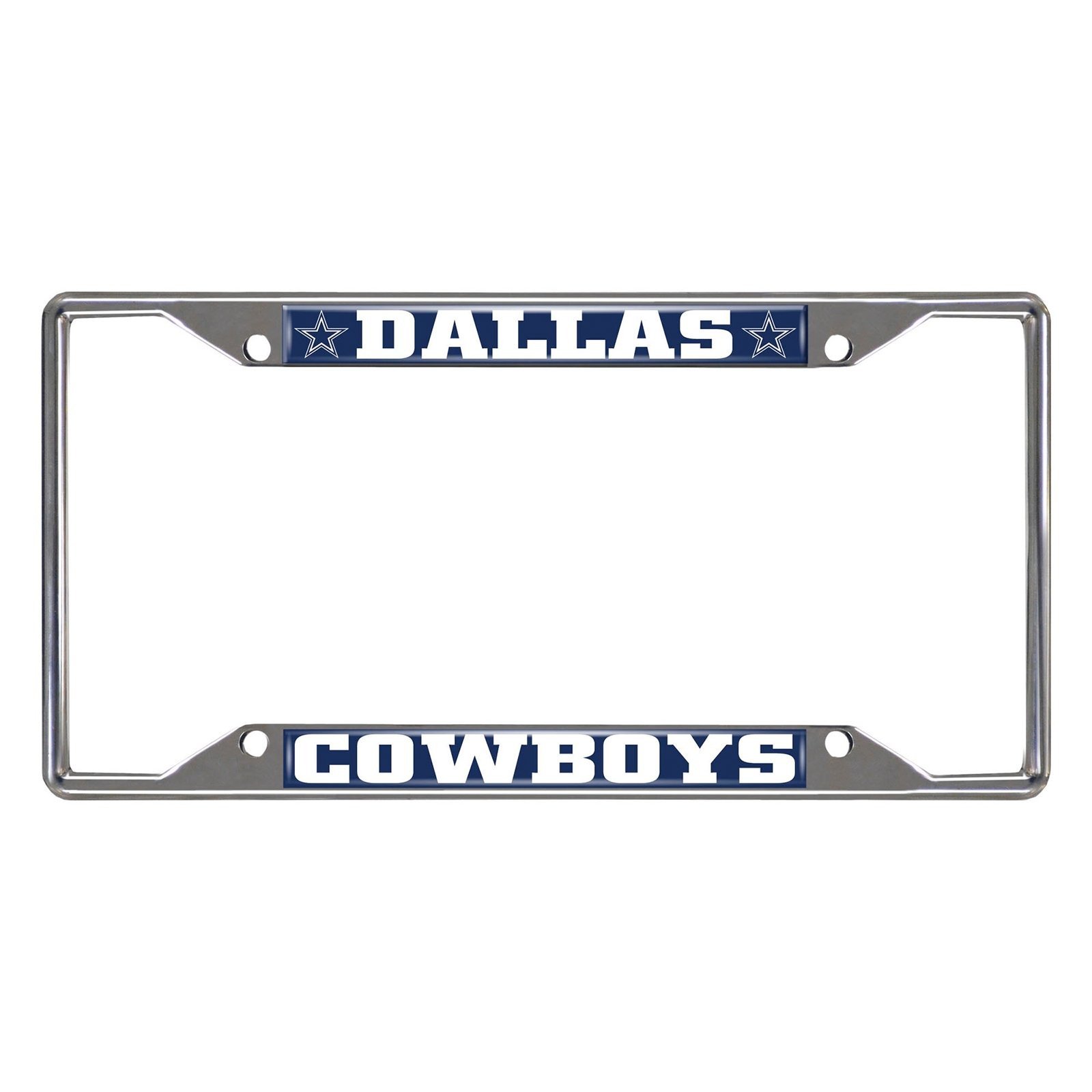 NFL Car License Plate Frame featuring chrome metal with vibrant team logo and name, designed to fit standard license plates.