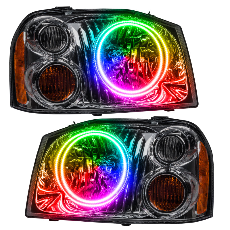 Oracle 01-04 Nissan Frontier SMD headlights with dual halo rings and ColorSHIFT technology, showcasing chrome and black housing options.