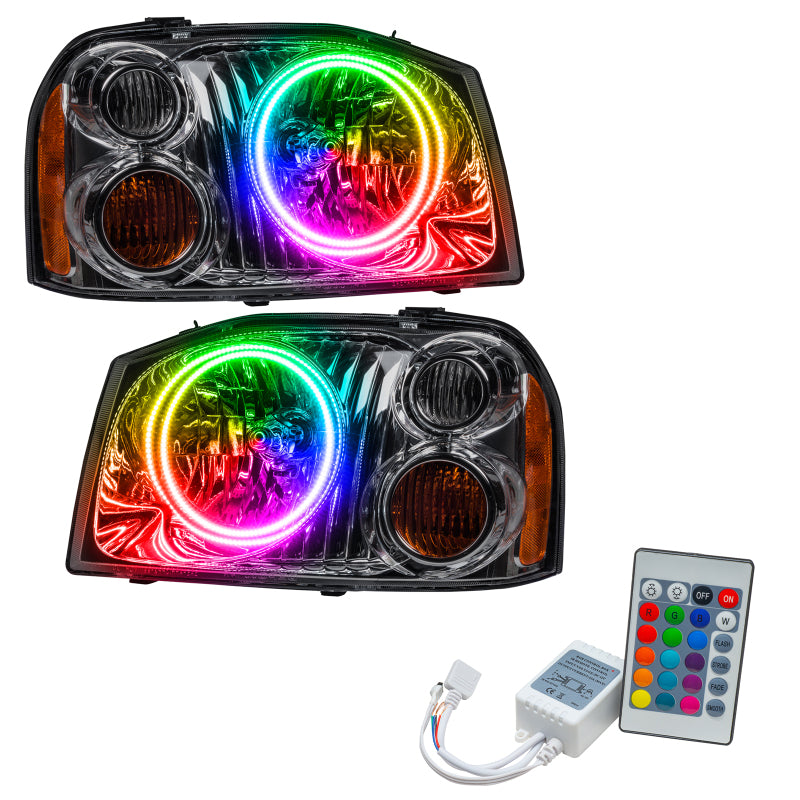 Oracle 01-04 Nissan Frontier SMD headlights featuring dual halo rings and ColorSHIFT technology in Chrome and Black housing.