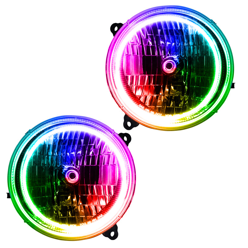 Oracle 02-04 Jeep Liberty SMD headlights with ColorSHIFT halo rings and simple controller, showcasing chrome and black housing options.