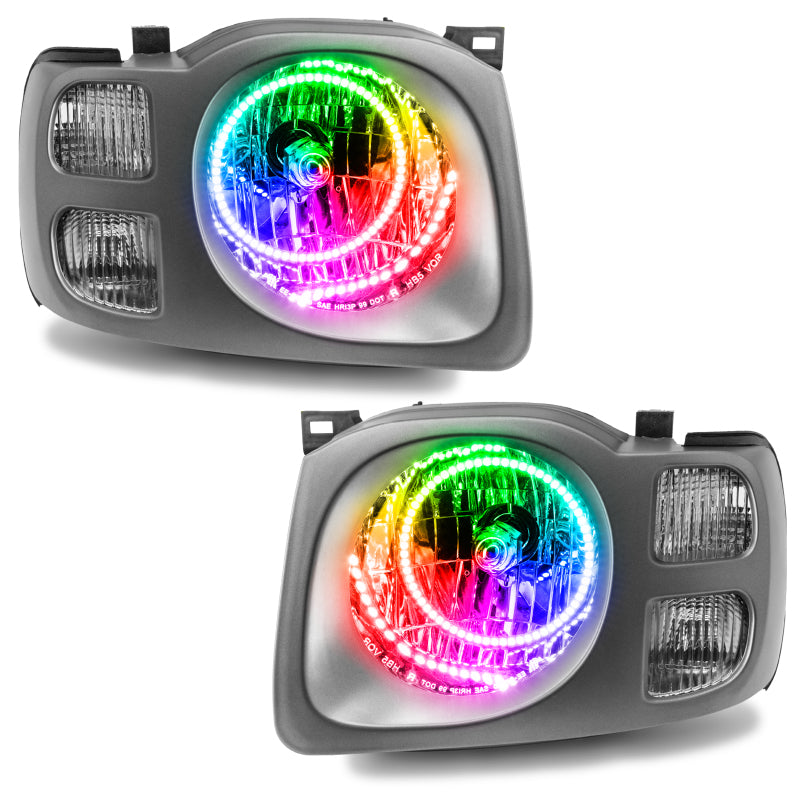 Oracle pre-assembled headlights for 2002-2004 Nissan Xterra SE with ColorSHIFT halo rings in Chrome housing.