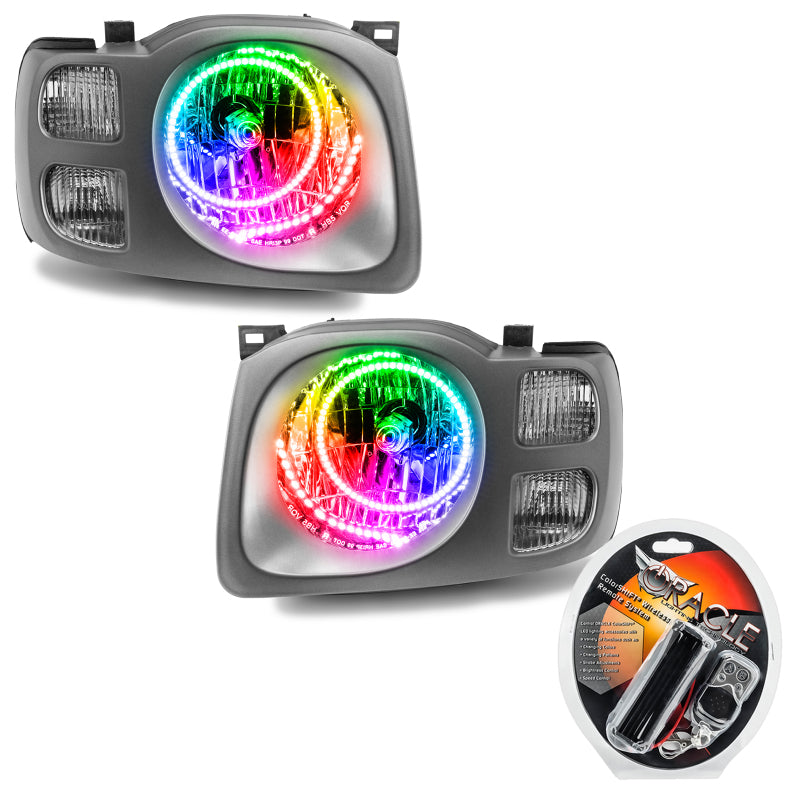 Oracle 02-04 Nissan Xterra SE SMD HL headlights with ColorSHIFT halo rings in Chrome and Black housing.