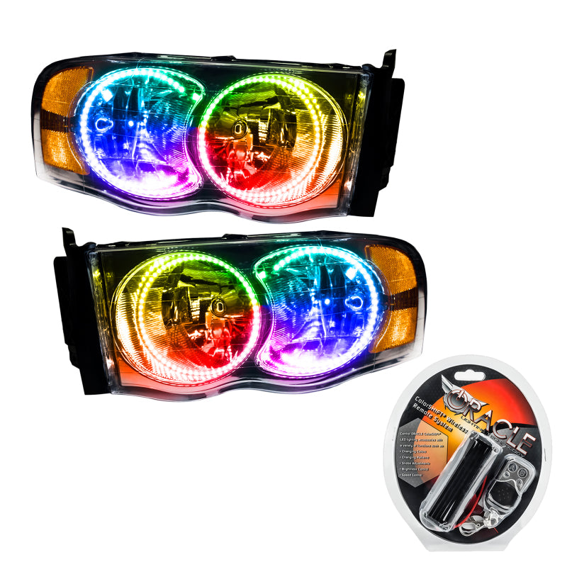 Oracle 02-05 Dodge Ram SMD headlights with ColorSHIFT halos, showcasing Chrome and Black housing options.