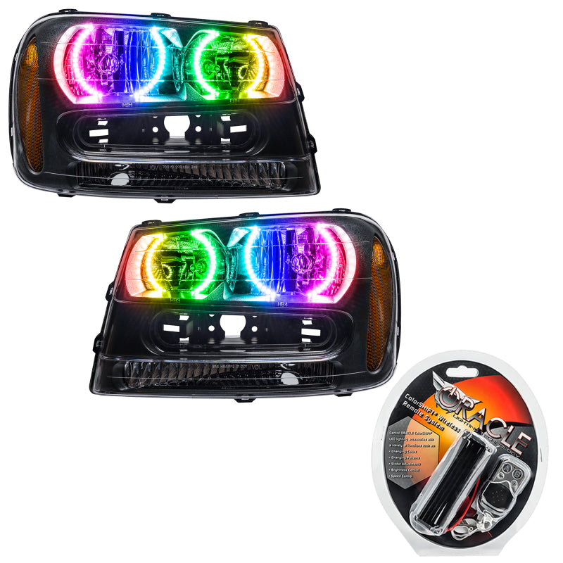 Oracle 02-09 Chevrolet Trail Blazer SMD HL ColorSHIFT headlights with halo rings in Chrome and Black housing options.