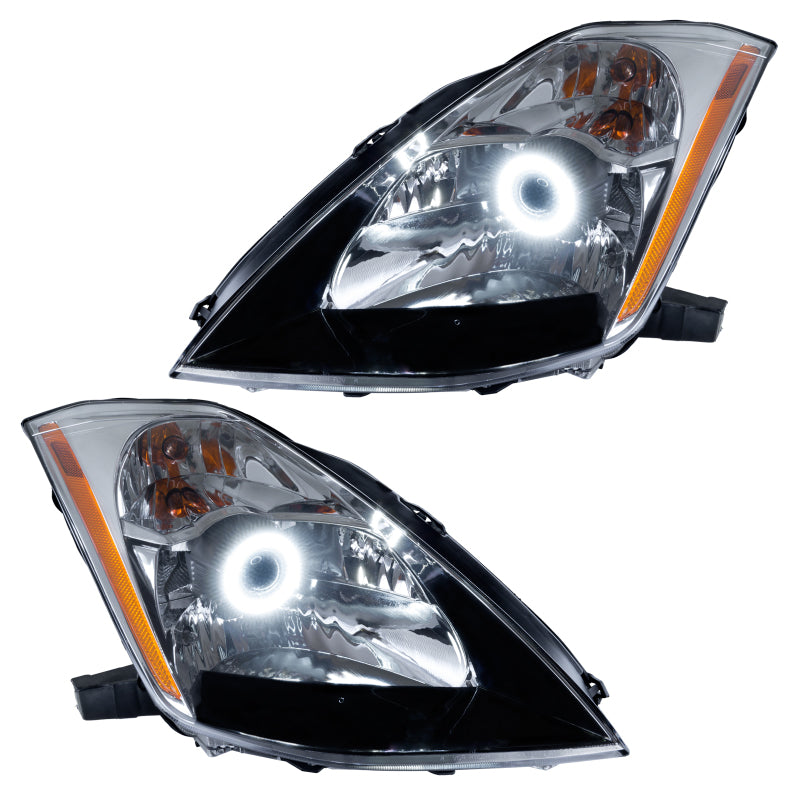 Oracle 03-05 Nissan 350Z SMD headlights with white halo rings in chrome housing, showcasing a sleek design.