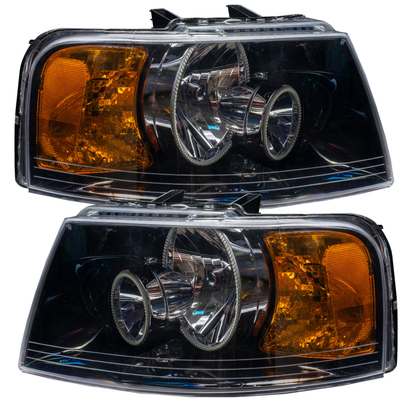 Oracle 03-06 Ford Expedition SMD Headlights in Black with ColorSHIFT technology, showcasing professional halo installation.
