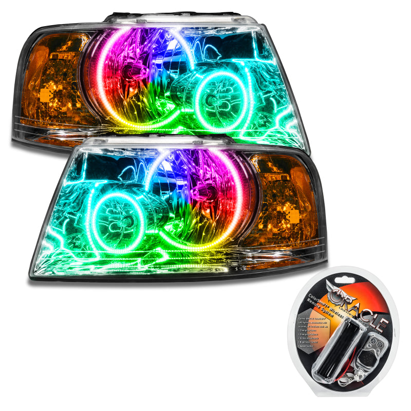 Oracle 03-06 Ford Expedition SMD Headlights with Chrome ColorSHIFT halos, showcasing a sleek design and bright illumination.