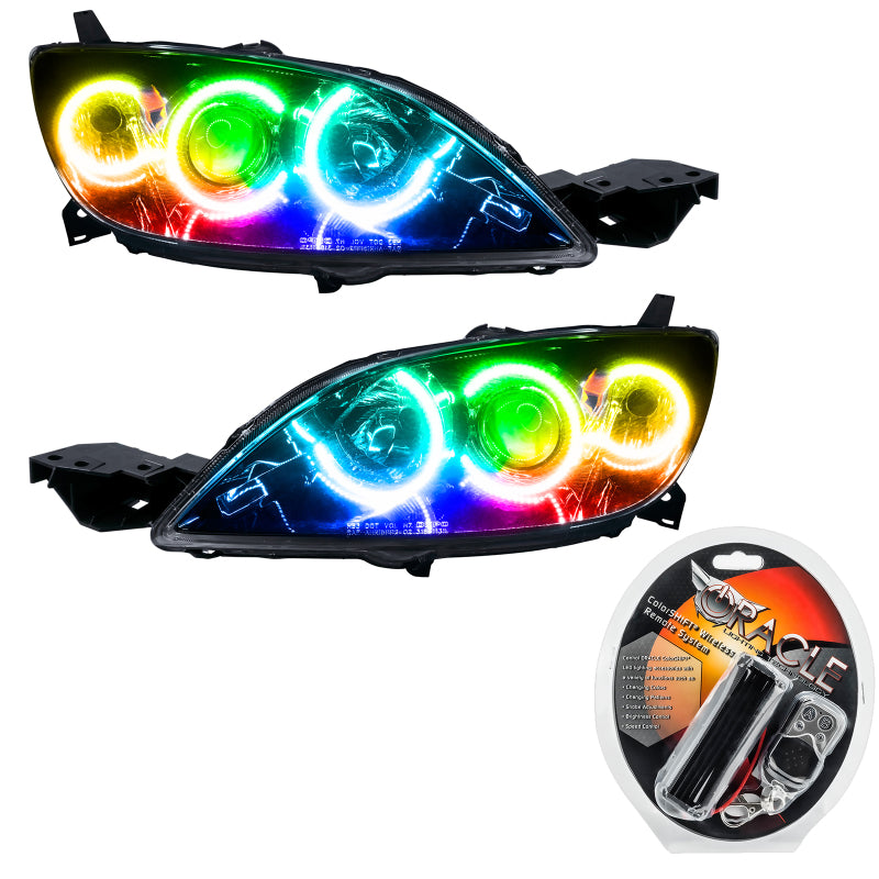 Oracle 04-09 Mazda 3 SMD headlights with ColorSHIFT halos in Chrome and Black housing options.