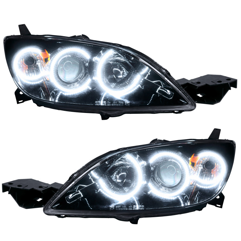 Oracle 04-09 Mazda 3 SMD headlights with white halo rings in chrome and black housing options.