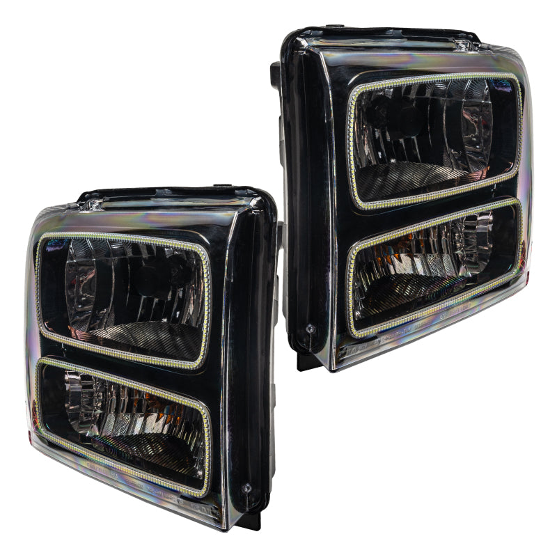 Oracle 05 Ford Excursion SMD HL headlights in black and white with halo rings, showcasing a sleek design for enhanced vehicle lighting.