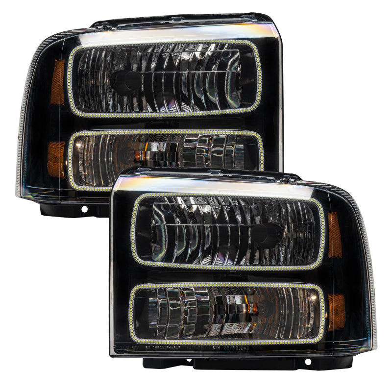 Oracle 05 Ford Excursion SMD HL headlights in black and white with halo rings, showcasing a sleek design for enhanced vehicle lighting.