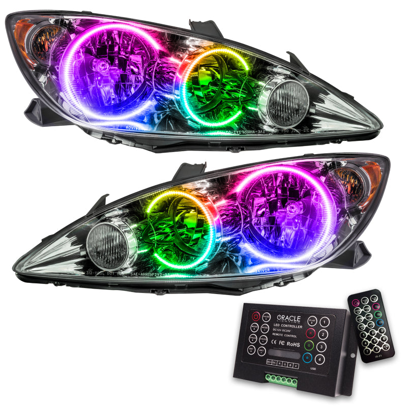 Oracle 05-06 Toyota Camry SMD headlights with ColorSHIFT technology and 2.0 controller, featuring chrome and black housing options.
