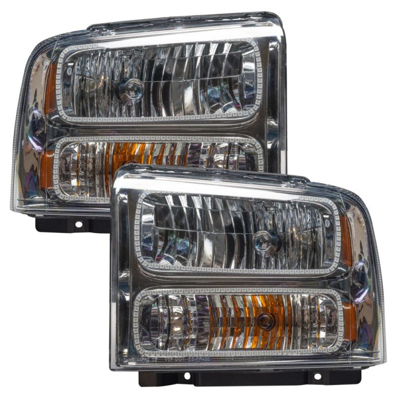 Oracle 05-07 Ford F-250/350 SMD headlights with chrome finish and ColorSHIFT feature, showcasing bright illumination and modern design.