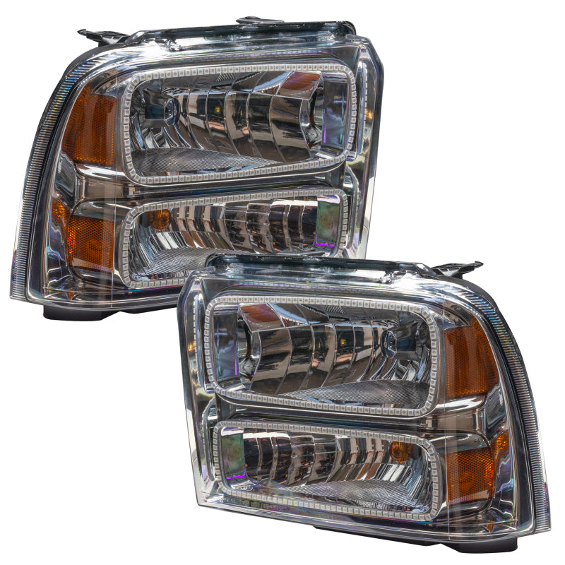 Oracle 05-07 Ford F-250/350 Chrome headlights with ColorSHIFT halos, showcasing a sleek design and bright illumination.