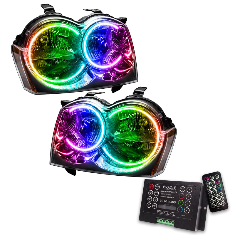 Oracle 05-07 Jeep Grand Cherokee SMD headlights with ColorSHIFT technology, showcasing chrome and black housing options.