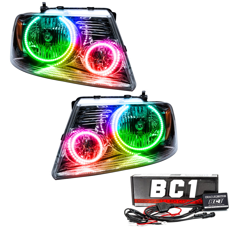 Oracle 05-08 Ford F-150 SMD headlights featuring ColorSHIFT technology and BC1 controller, showcasing vibrant LED colors.