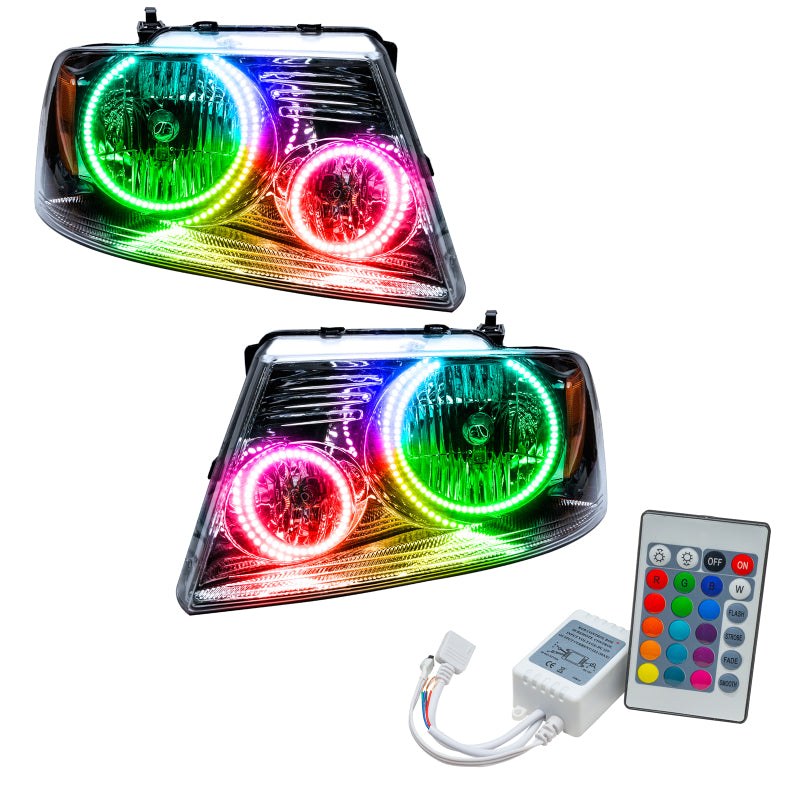 Oracle 05-08 Ford F-150 SMD headlights with ColorSHIFT technology and simple controller, showcasing Chrome and Black housing options.