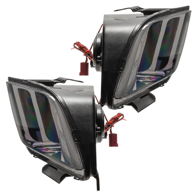 Oracle 05-09 Ford Mustang SMD headlights with ColorSHIFT halo rings in Chrome housing, showcasing modern automotive lighting design.