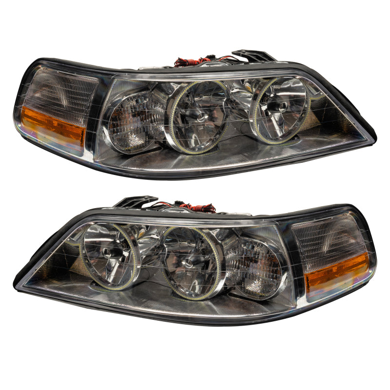 Oracle 05-11 Lincoln Town Car SMD headlights with ColorSHIFT technology, featuring pre-installed Halo rings in Chrome and Black housing.