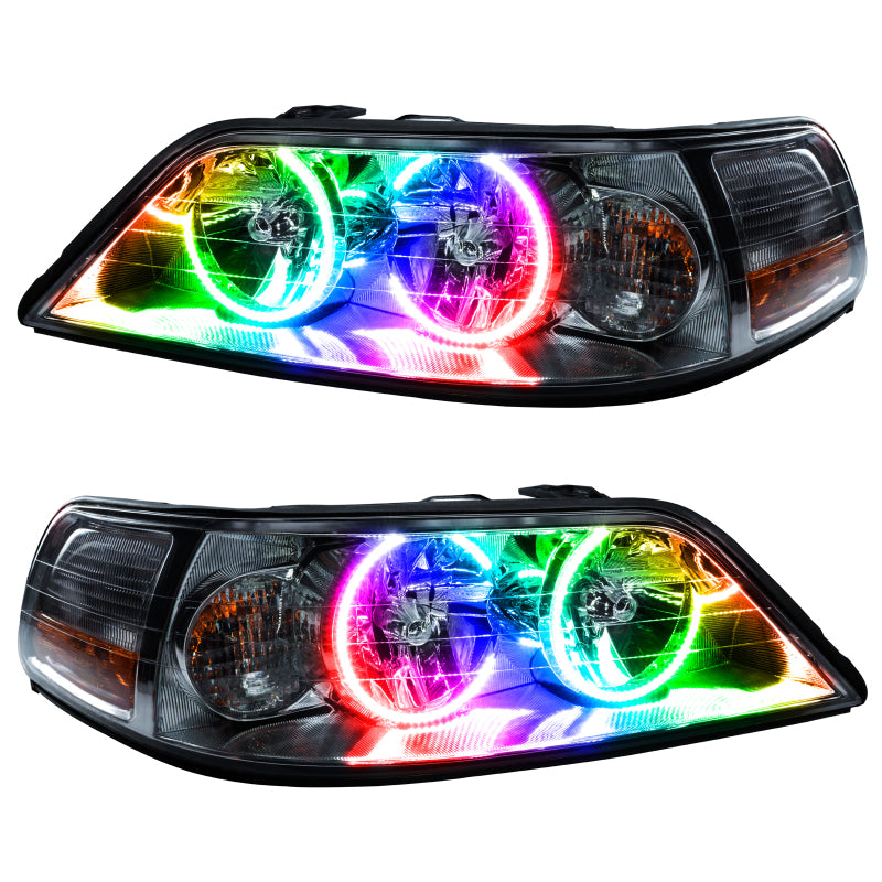 Oracle 05-11 Lincoln Town Car SMD headlights with ColorSHIFT halos, showcasing Chrome and Black housing options.