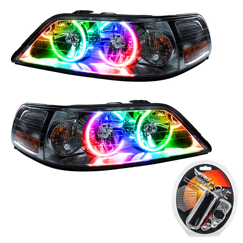 Oracle 05-11 Lincoln Town Car SMD headlights with ColorSHIFT halos, showcasing Chrome and Black housing options.