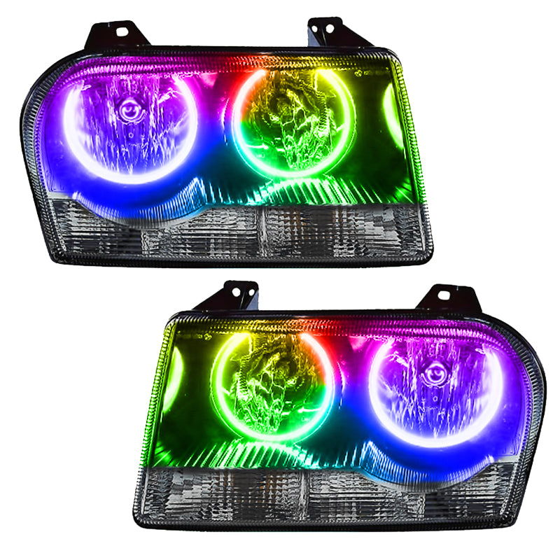 Oracle 05-10 Chrysler 300 V6 SMD headlights with ColorSHIFT technology, showcasing Chrome and Black housing options.