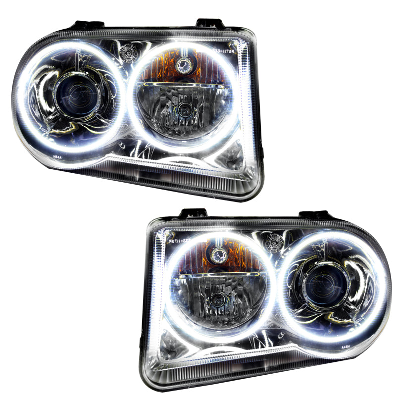 ORACLE Pre-Assembled Headlights for Chrysler 300C featuring white SMD halos in Chrome housing, designed for easy installation and enhanced visibility.