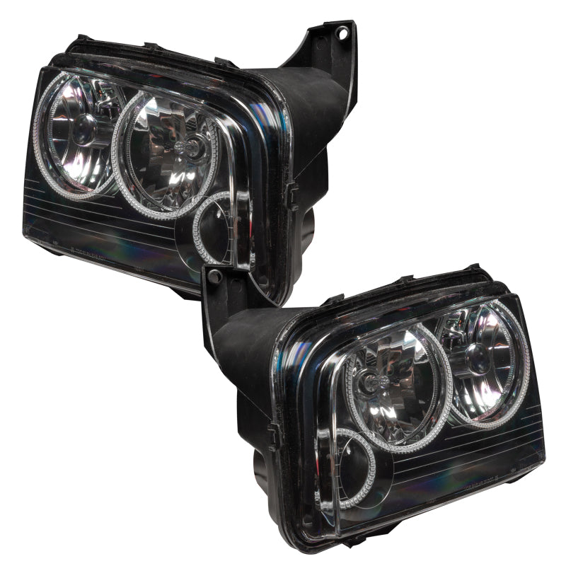 Oracle Triple Halo ColorSHIFT headlights for 2005-2010 Dodge Charger, showcasing vibrant colors and sleek design.