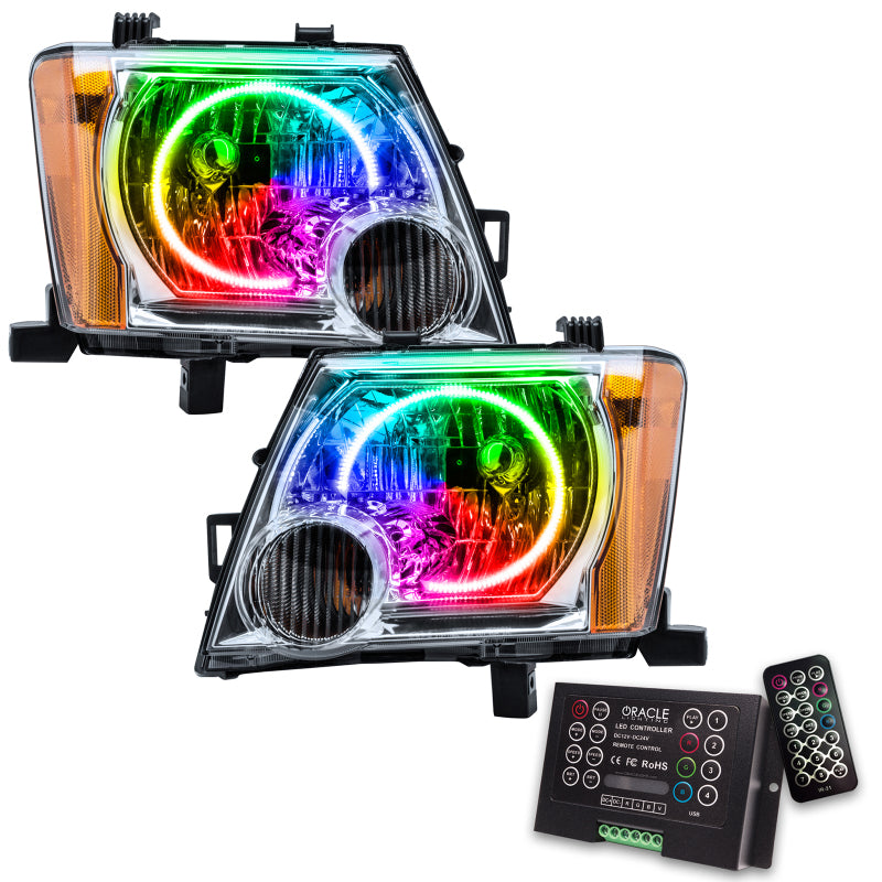 Oracle 05-14 Nissan Xterra SMD headlights with ColorSHIFT and 2.0 controller, showcasing Chrome and Black housing options.