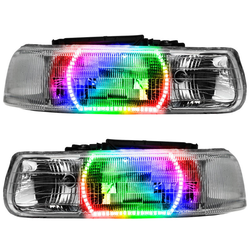 Oracle pre-assembled headlights for 00-06 Chevy Tahoe and GMC Yukon with ColorSHIFT technology, showcasing Chrome and Black housing options.
