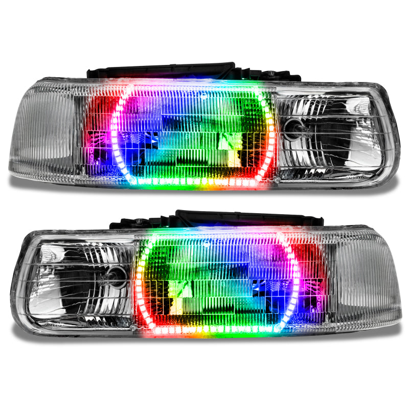 Oracle pre-assembled SMD headlights for 00-06 Chevy Tahoe and GMC Yukon with ColorSHIFT technology, showcasing Chrome and Black housing options.