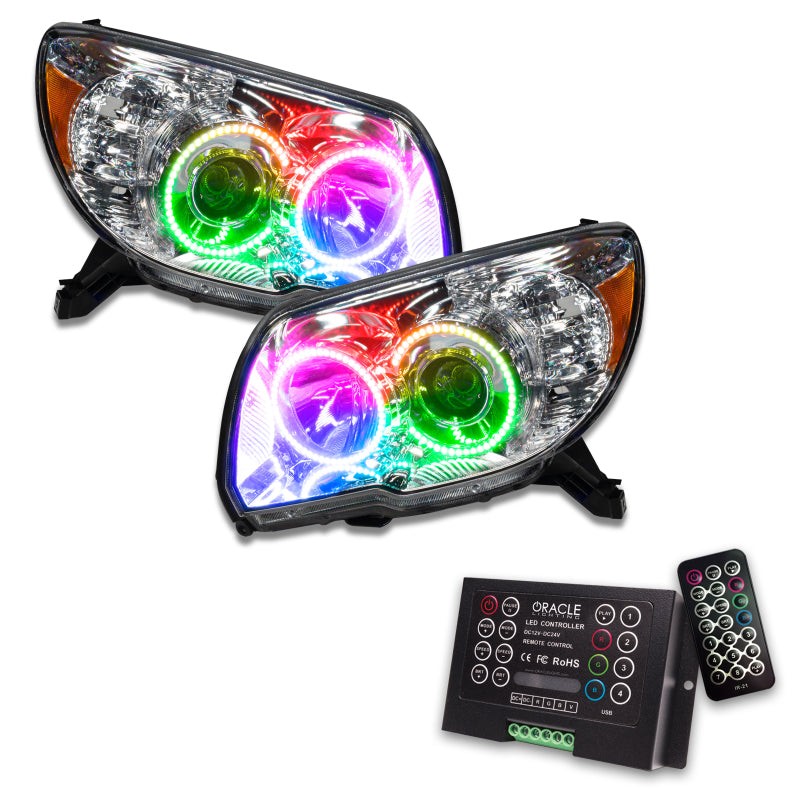 Oracle 06-09 Toyota 4-Runner SMD headlights with ColorSHIFT halo rings and 2.0 controller, showcasing Chrome and Black housing options.