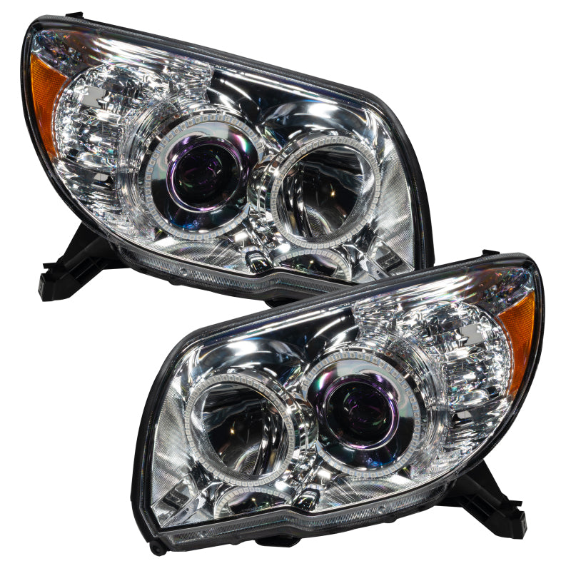 Oracle 06-09 Toyota 4-Runner SMD headlights with ColorSHIFT halo rings and 2.0 controller, showcasing Chrome and Black housing options.