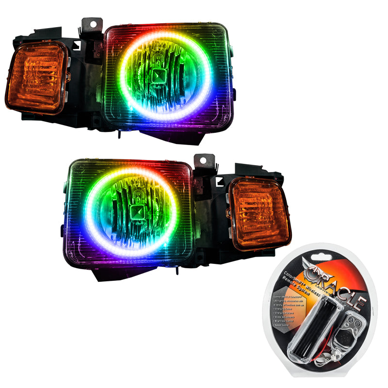 Oracle 06-10 Hummer H3 SMD headlights with ColorSHIFT halo rings and RF controller, showcasing chrome and black housing options.