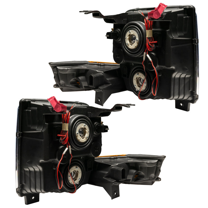 Oracle 06-10 Jeep Commander SMD Headlights with ColorSHIFT halo rings and 2.0 controller, showcasing Chrome and Black housing options.