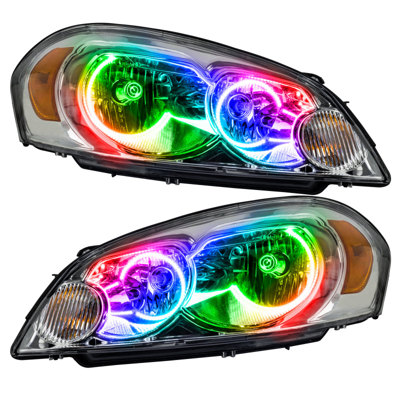 Oracle 06-15 Chevrolet Impala SMD headlights with ColorSHIFT halos, showcasing Chrome and Black housing options.