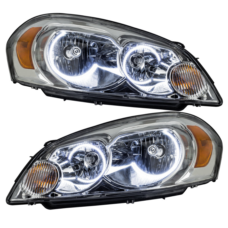 Oracle 06-15 Chevrolet Impala SMD headlights with white halo rings, showcasing Chrome and Black housing options.