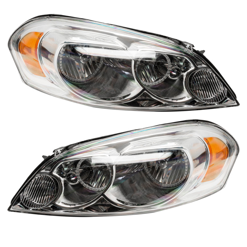 Oracle 06-15 Chevrolet Impala SMD headlights with white halo rings, showcasing Chrome and Black housing options.