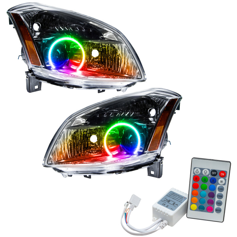Oracle 07-08 Nissan Maxima SMD headlights with ColorSHIFT halo rings and simple controller, showcasing chrome and black housing options.